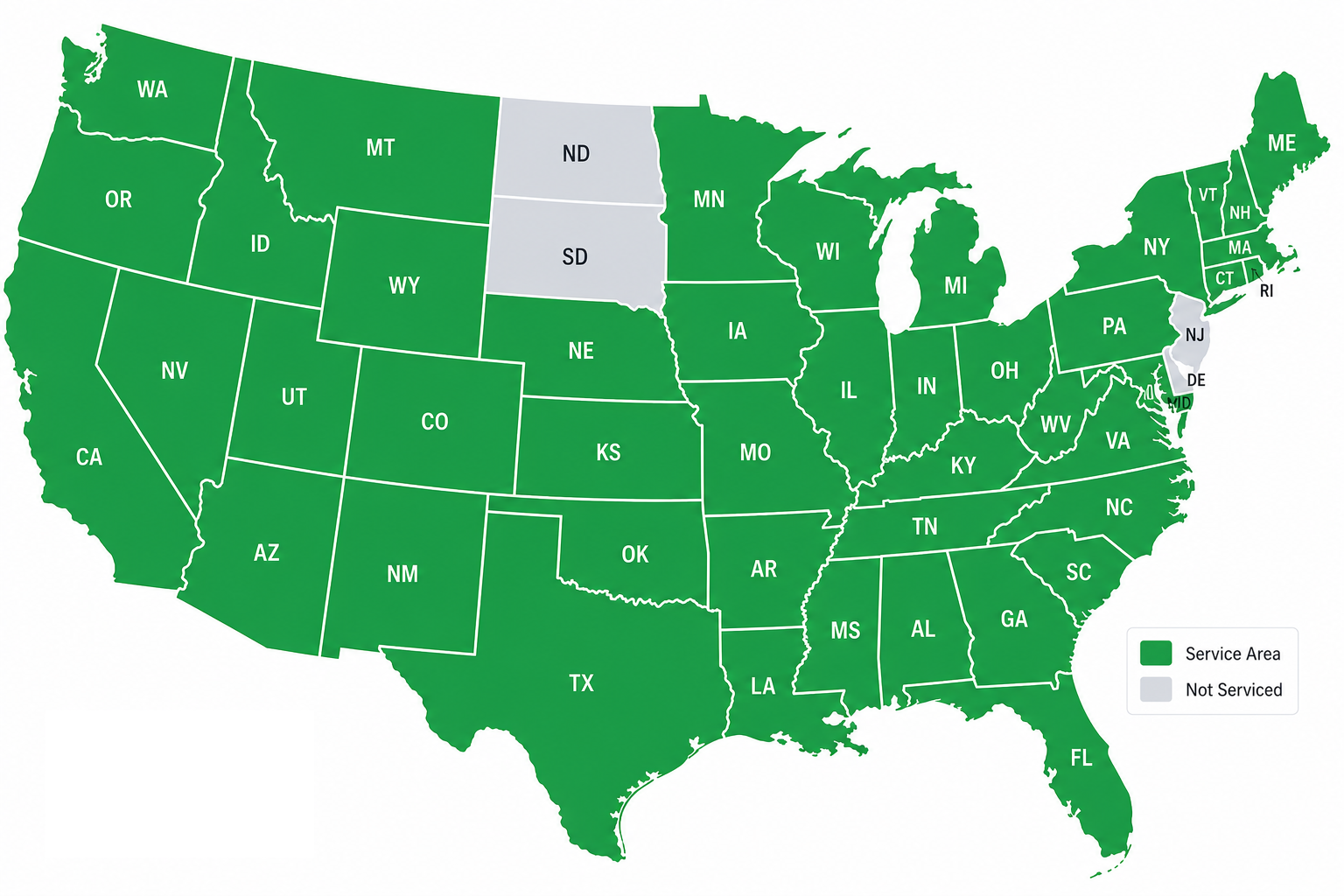 Structexa service coverage map — United States (excludes AK, HI, NJ, DE, ND, SD)