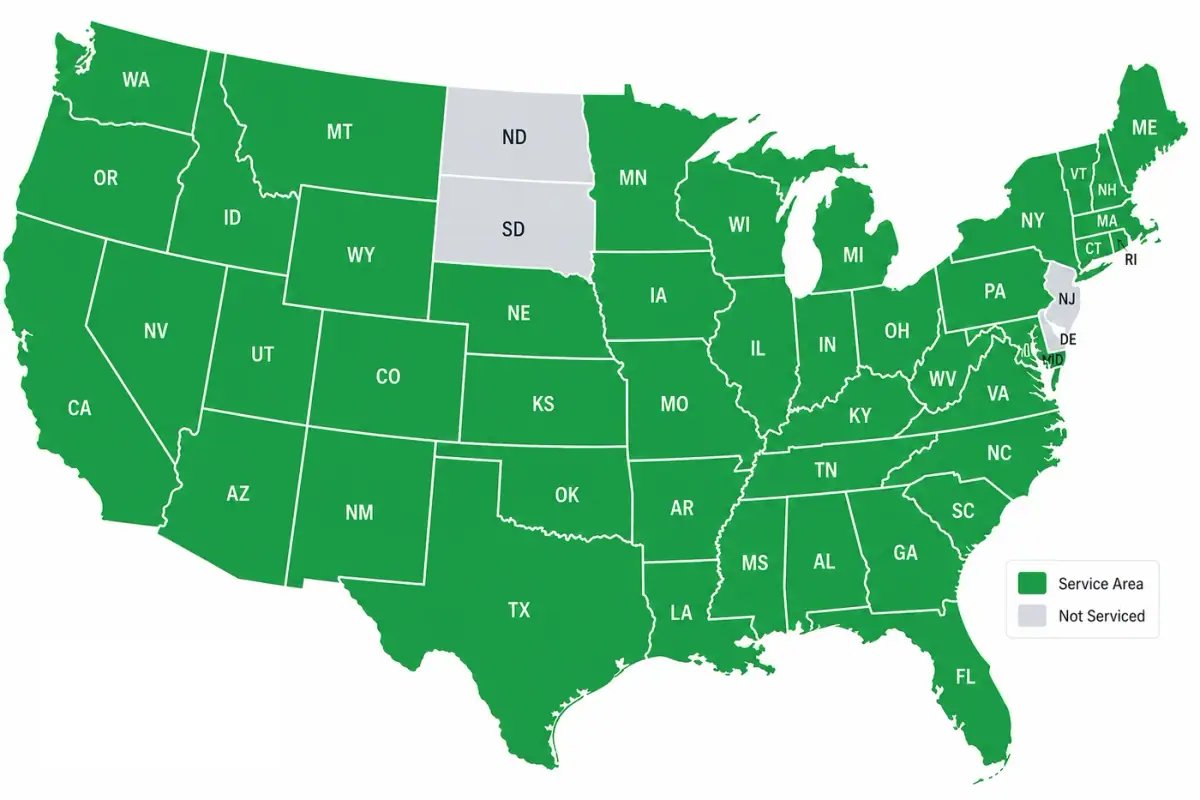 Structexa service coverage map — United States (excludes AK, HI, NJ, DE, ND, SD)